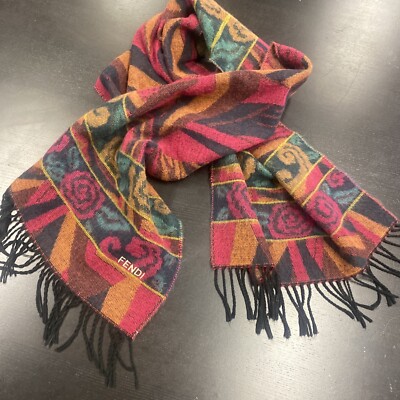 FENDI Soft Acrylic Versatile Aztec Geometric Scarf 65x19” Colorful Designer 