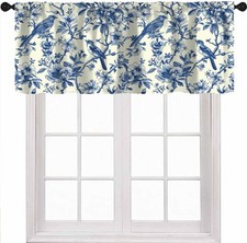 Retro Bird Floral Valance Curtains, Wildflowers Birds Blue Sketch Beige Backg...