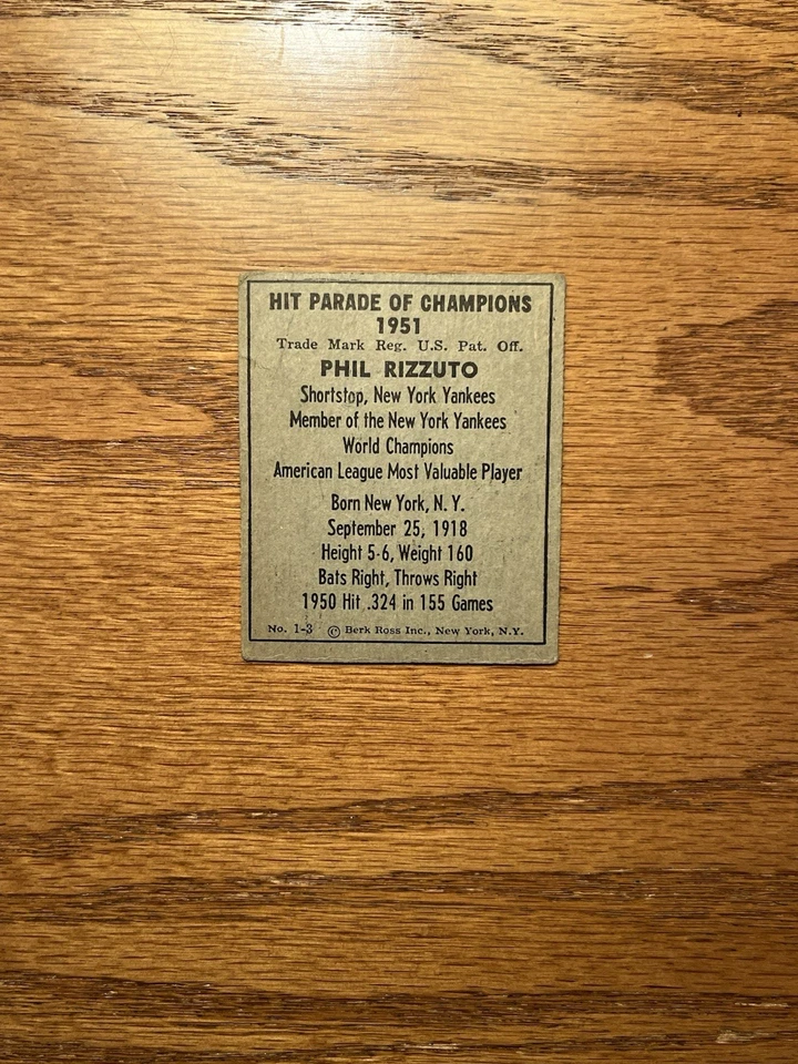 1951 BERK ROSS "HIT PARADE OF CHAMPIONS" BEISEBOL-YANKEES/PHILLIES-CARTÕES VINTAGE - Imagem 2 de 4