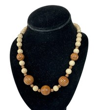 Wooden Beaded Necklace Carved Boho Tribal 18 Long Nature Round Beads Statement