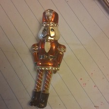 avon Signed Nutcracker Figural Pin Gold Tone Enamel & Clear Rhinestone Accents