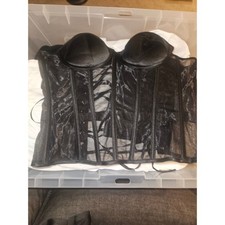 Womens Black Mesh Lace Up Corset Top Bustier Padded Cups Boning Goth Burlesque