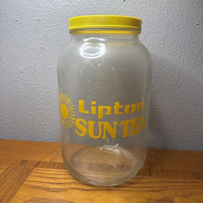Vintage Lipton Sun Tea Jug Glass 1 Gallon Jar 70s 80s Retro Summer Yellow Lid
