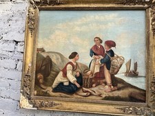 Grande Huile Sur Toile XIX Retour De Pêche Marine Signée À Restaurer.