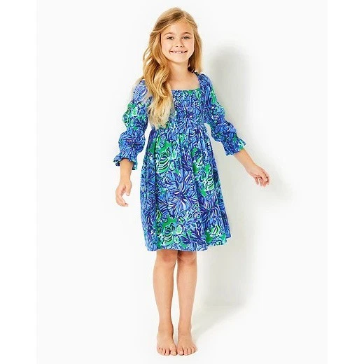 Lilly Pulitzer Kids Girl Mini Beyonca Dress Print Smocked Cotton Blue S 281124