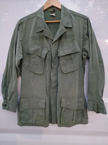 Vtg ~ 1960s Vietnam US Military Tropical OG 107 Poplin Slant Pocket Jungle Shirt