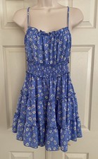 SHEIN Blue Daisy Print Fairy Smocked Criss-Cross Back Tiered Ruffle Sundress M
