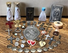 Vintage Lot of 39 Religious Catholic Items Crucifix, Medals, S & P, Crosses Etc