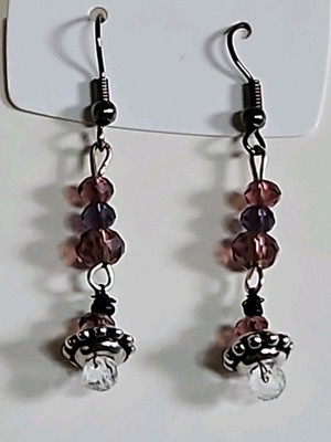 Handmade Pair Of Dangle Earrings  Made W/Swarovski Crystals Purple & Clear (#8)