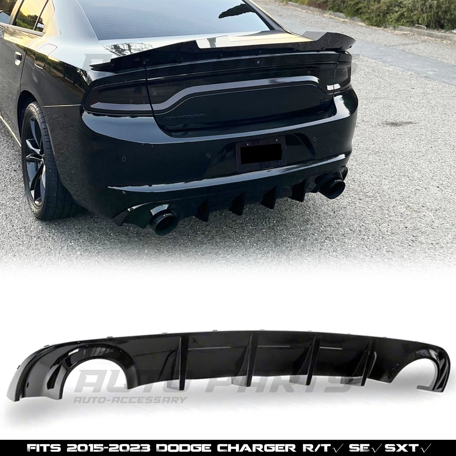 For Dodge Charger R/T SE SXT 2015-2023 Rear Bumper Diffuser Lip Gloss Black ABS