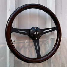 15" Black Dark Wood Steering Wheel Licensed Chevy Horn + Adapter for Chevy 69-94