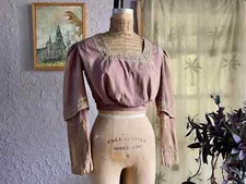 1900s Antique Victorian Edwardian Purple Cotton Lace Long Sleeve Blouse XS/S