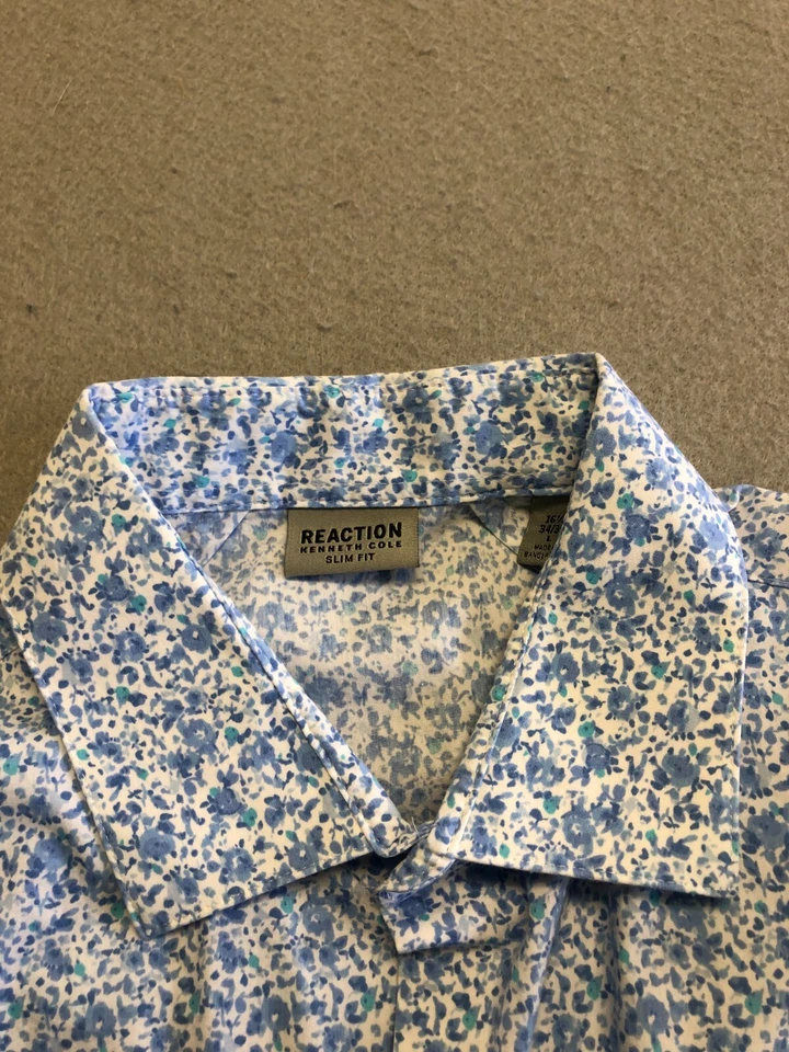 Camisa Kenneth Cole Abotonada Para Hombre Grande Ditsy Floral Azul 16.5" Cuello de Vestido Foto 3 de 4