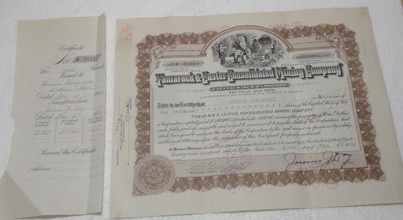 1936 TAMARACK & CUSTER CONS MINING 1000shs Stock ctf. Nevada NM w/seal RARE