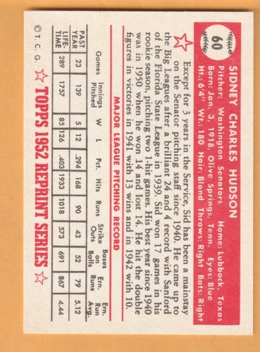Sid Hudson Washington Senators 1983 Topps 1952 Reprint #60 - Picture 2 of 2