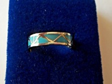 size 9.75 Sterling Silver Zig Zag Turquoise Inlayed 5mm wide Band Ring