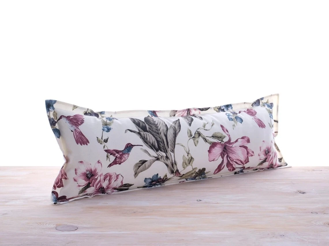 HANDMADE Extra Long Lumbar Pillow Cover White Purple Throw Floral Bird  Shams