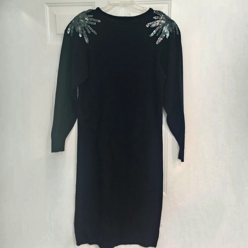 Vintage 90s Black Sequin Sweater Dress Midi Long Sleeve Vtg Party Costume Size L - Picture 2 of 4