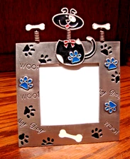 PHOTO FRAME Puppy Dog w/Bob Head~Metal~Paws~Bones Tabletop for 3x3" Picture  D23