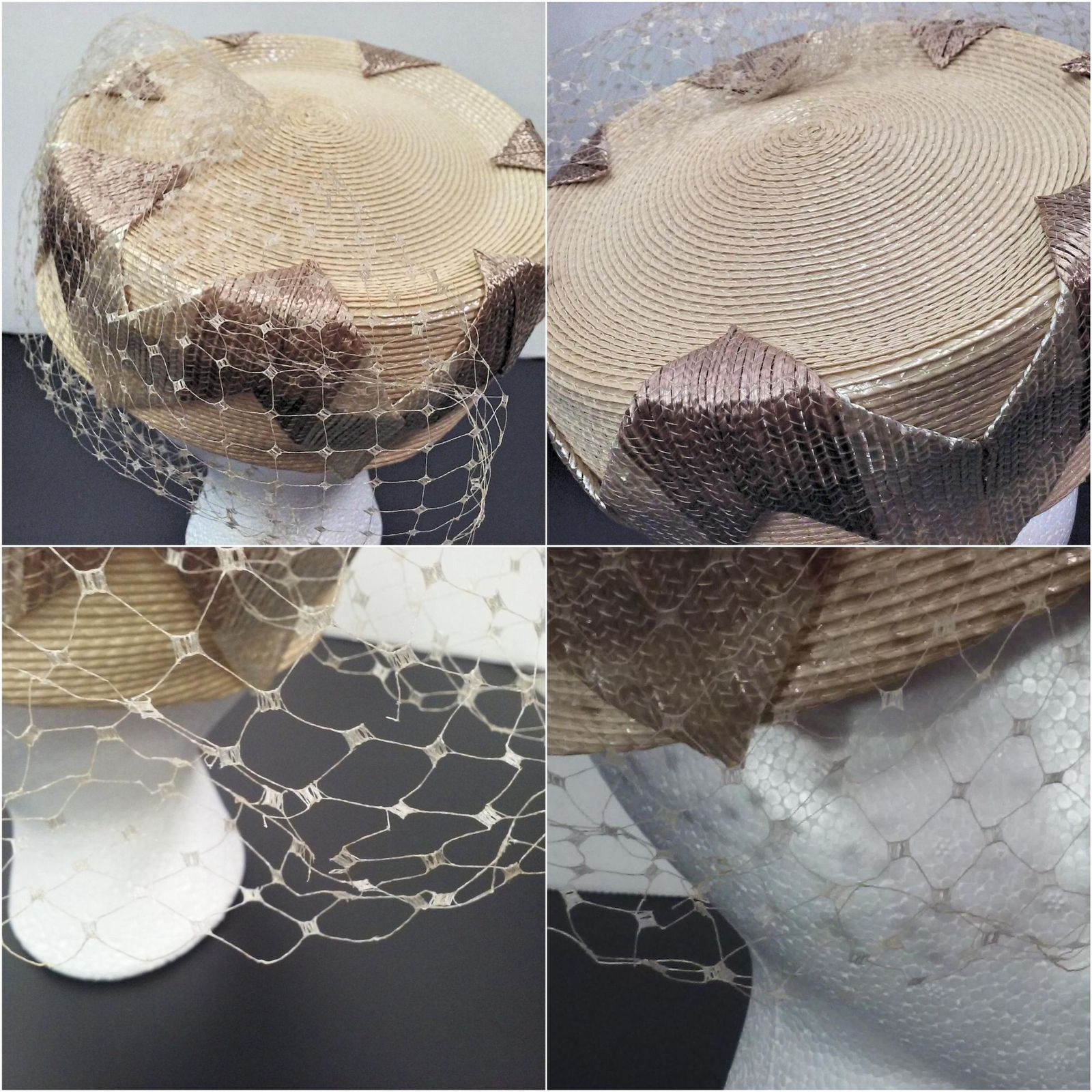 Vintage 40s-50s Volk Hat Shako Straw Raffia Pillbox Net Veil Chevron Beige Tan image 10