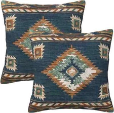 Set of 2 18x18 Western Native American Blue Pillow Covers Boho Aztec Throw