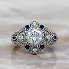 2.10 Ct Diamond & Sapphire Art Deco Antique Vintage Ring 14K White Gold Finish