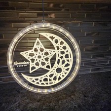 Ramadan Kareem Eid Mubarak Decoration LED Round Light Moon Islam Muslim Hang 8in