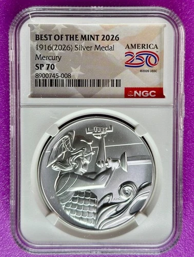 1916-2026 250th Mercury Companion Silver Medal Best of the Mint NGC SP70 (008)