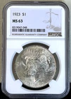 1923 SILVER Peace Dollar NGC MS63- STUNNING!