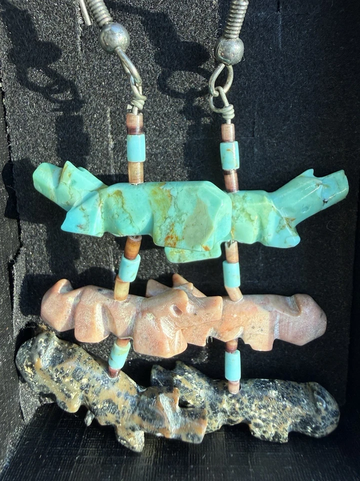 VTG Handcrafted Navajo Fettish Turquoise Sterling Silver Statement Earrings Gift - Image 2 of 4