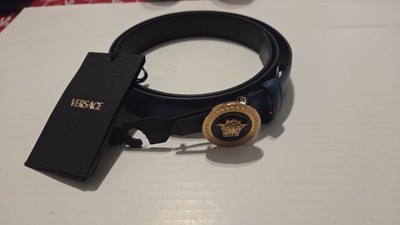 Versace Gold Medusa-Buckle Blue Leather Belt 95/38 Authentic