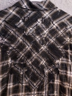 Affliction Shirt Mens Extra Large Seersucker Embroidered Spellout Black Premium