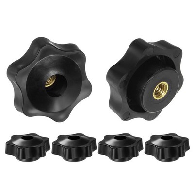 6pcs Star Knobs 1/4-20 Thread 38mm Head Through Hole Brass Insert Knob Black