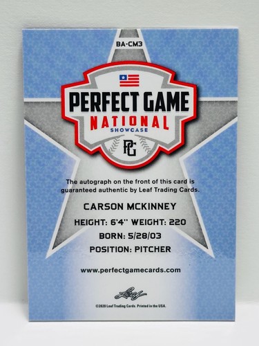 CARSON MCKINNEY Auto/ 1 of 1 2020 Leaf Perfect Game National Showcase #BA-CM3 - Picture 2 of 2