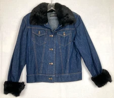 Adrienne Landau Denim Jacket w/ Rabbit Fur Collar and Cuffs Sz L