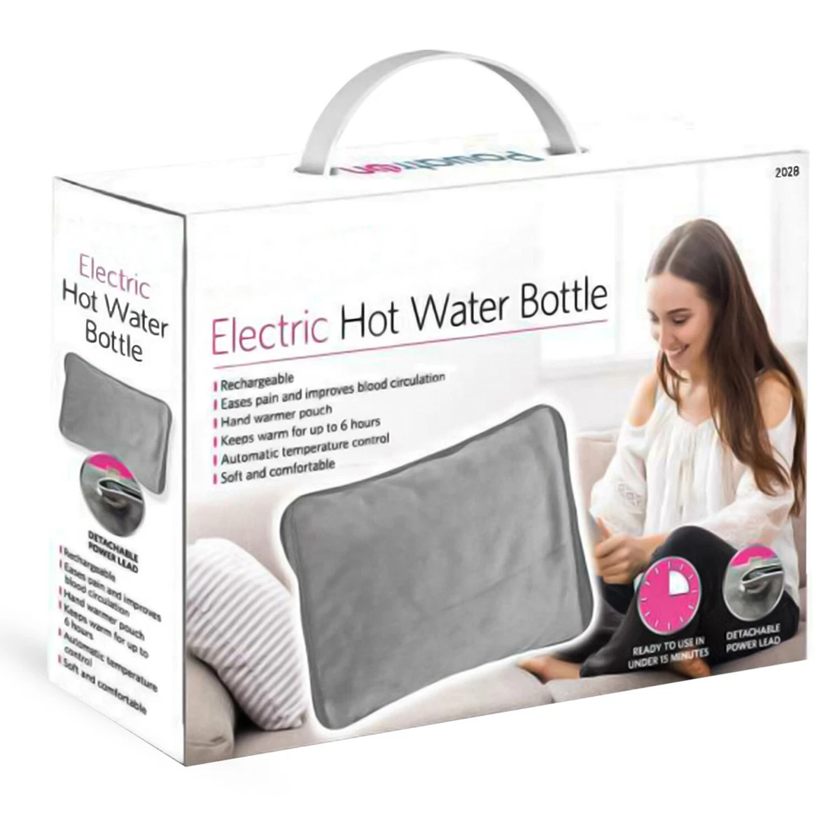 ELECTRIC RECHARGEABLE HOT WATER BOTTLE GREY BED HAND WARMER MASSAGING HEAT PAD