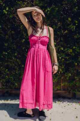 uo cora linen open back midi dress UO Cora Linen Open Back Midi Dress Urban Outfitters Pink Adjustable Tie XS  NEW