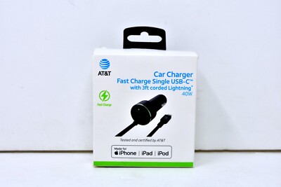 AT&T Car Charger Fast Charge MFi-Certified 40W USB-C Port w/3ft Corded Lightning