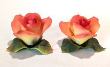 Set of 2 porcelain peach pink rose leaves capodimonte style delicate flower pair