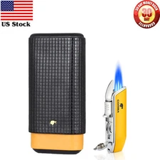 3 Tube Travel Cigar Case Leather Lined Cedar Cigar Lighter Torch Yellow Gift