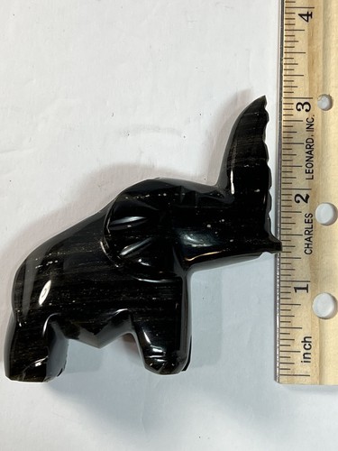 Black Obsidian Natural Gemstone Elephant Trunk Up Good Luck Home Office Decor - Picture 10 of 11