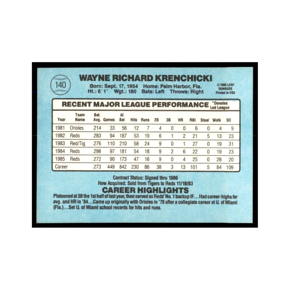1986 Donruss Wayne Krenchicki Reds #140 - Image 2 of 3
