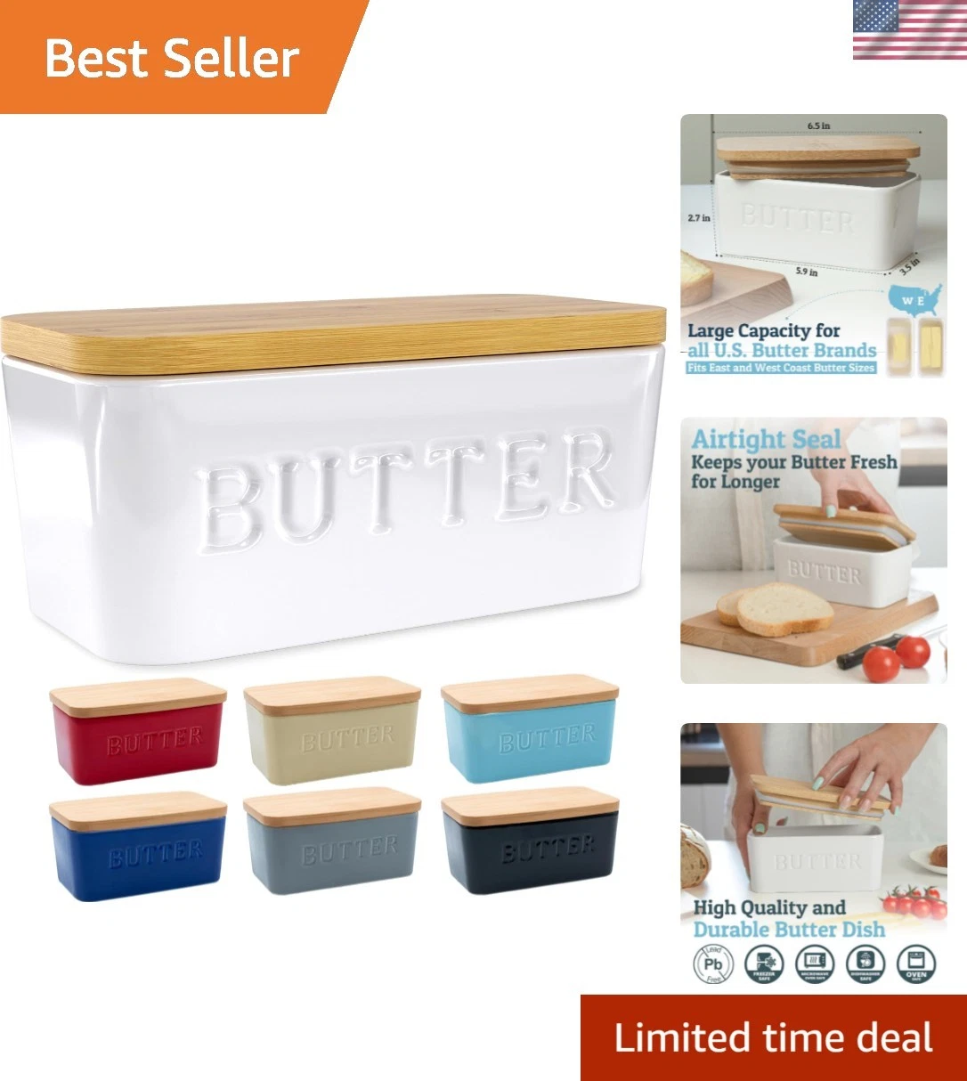 Extra Large Butter Dish with Lid for Countertop, Ceramic Butter Container Wit...