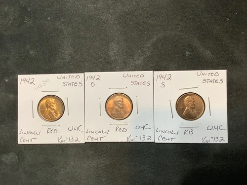 United States 1942 P,D,S (Set) Lincoln Cent Red/RB UNC 3 Coin Lot.  11039