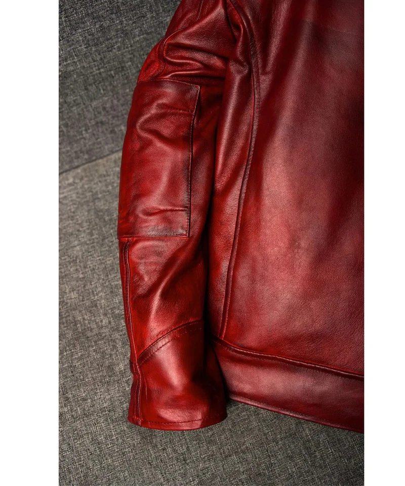Men's Handmade Vintage Style Burgundy Red Leather Jacket Motorcycle Biker Style - Image 4 of 4