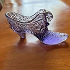 VTG FENTON Daisy Button Cat Head Purple Glass Slipper Shoe Hand Painted