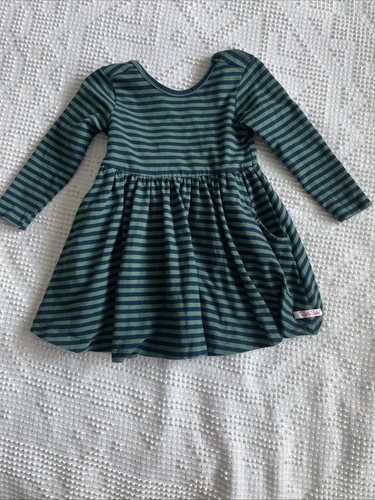Ruffle Butts Navy Green Striped Long Sleeve Dress Pockets 2T