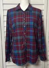 Talbots Plaid Flannel Roll Tab Sleeve Cotton Button Down Top Women’s Size Medium