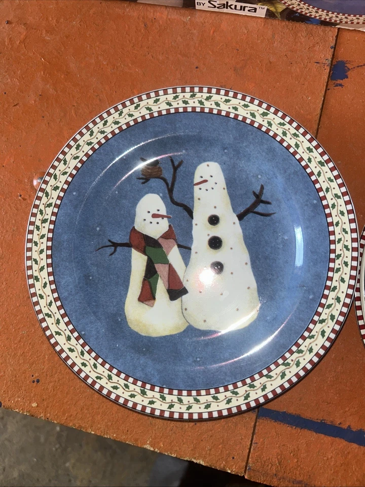 1997 Sakura Debbie Mumm Set 4 Snowman 8" Salad Dessert Plates Christmas Orig Box - Image 4 of 4