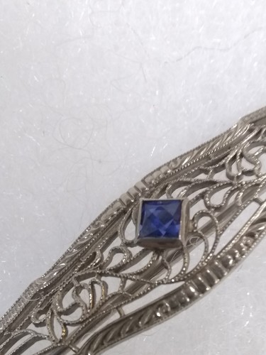 Vtg Krementz 10K White Gold Art Deco Filigree Synthetic Sapphire Bar Pin Brooch - Picture 5 of 18